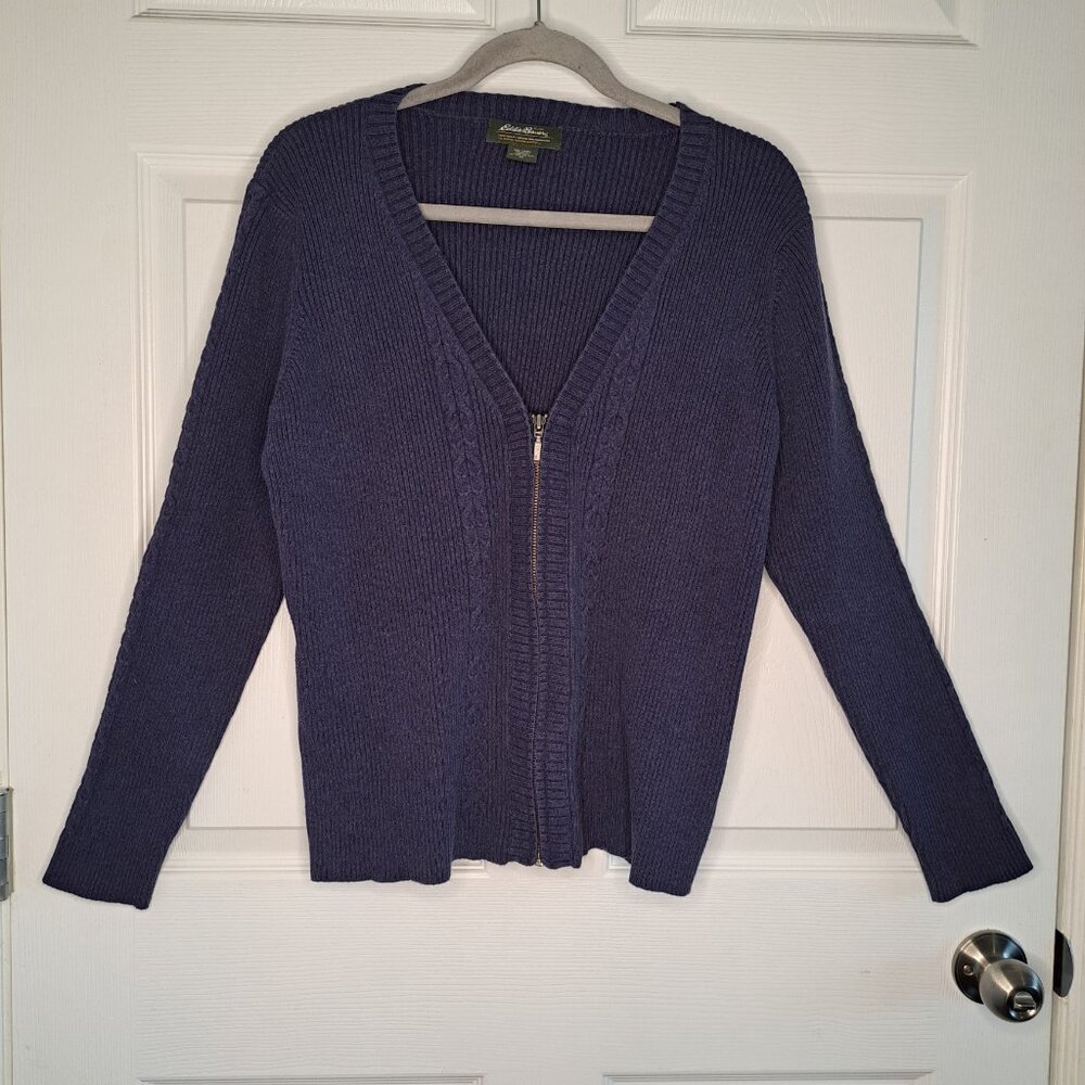 Eddie Bauer Dark Blue Rib Knit Zip Up V Neck Cardigan Sweater Size XL